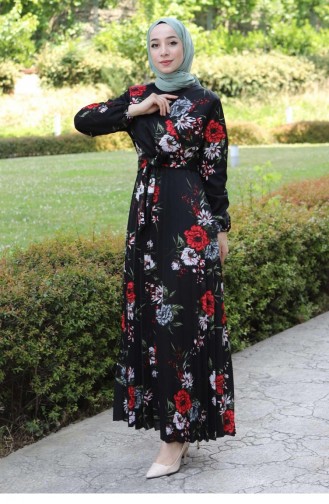 Çiçekli Pileli Elbise 14700 Siyah