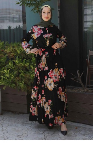 Çiçekli Kemerli Elbise 8131 Siyah