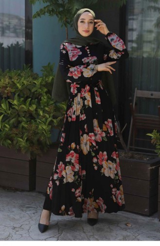 Çiçekli Kemerli Elbise 8131 Siyah