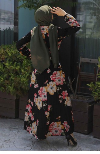Çiçekli Kemerli Elbise 8131 Siyah