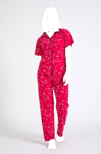 Kadın Gömlek Yaka Pijama Takımı Desenli Tampap Dvk-84 1974-01 Kırmızı