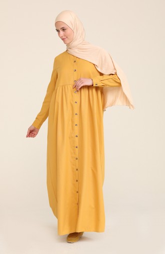 Doğal Kumaş Düğmeli Elbise 3307-15 Sarı