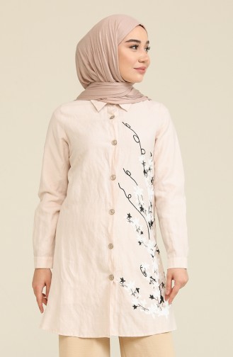 Çiçek Desenli Düğmeli Tunik 4031-04 Pudra