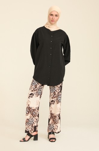 Crepe Printed Trousers 6568-01 Ecru Black 6568-01