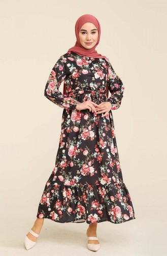 Çiçek Desenli Büzgülü Elbise 3803F-01 Siyah