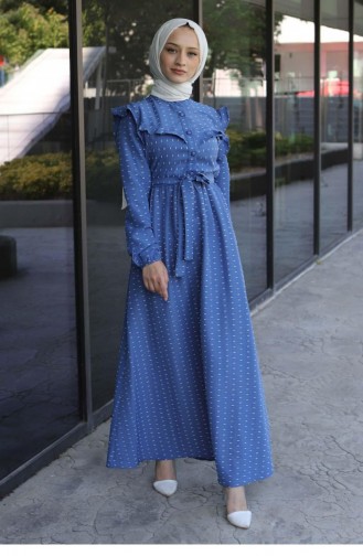 Fırfırlı Kemerli Tesetür Elbise 10056 Mavi