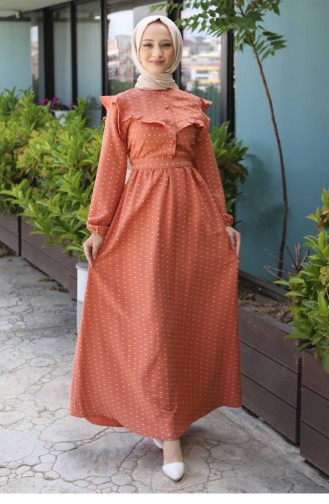 Fırfırlı Kemerli Tesetür Elbise 10056 Somon