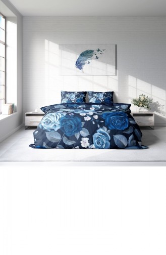 Monohome Blue Flower 3D Pamuk Saten Çift Kişilik Nevresim Takımı