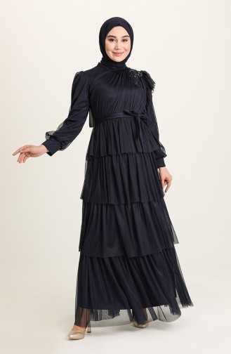 Navy Blue Hijab Evening Dress 4922-03