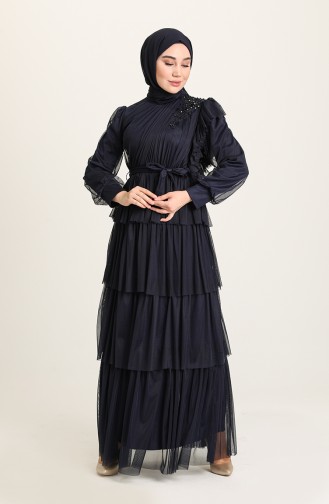 Navy Blue Hijab Evening Dress 4922-03