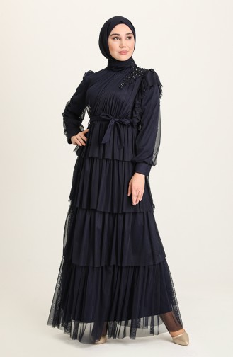 Navy Blue Hijab Evening Dress 4922-03