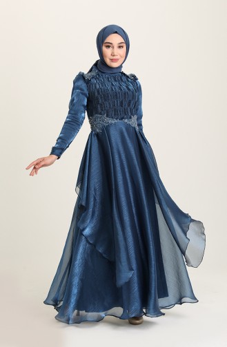 Navy Blue Hijab Evening Dress 4946-02