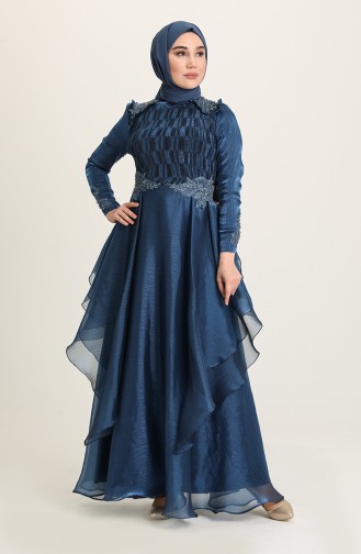 Navy Blue Hijab Evening Dress 4946-02