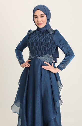 Navy Blue Hijab Evening Dress 4946-02