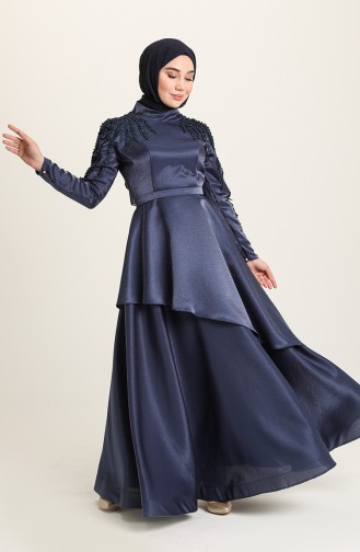 Navy Blue Hijab Evening Dress 4958-03