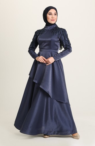 Navy Blue Hijab Evening Dress 4958-03