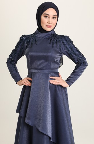 Navy Blue Hijab Evening Dress 4958-03