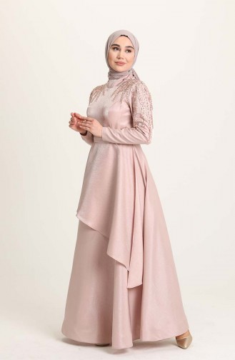 Gülşen Krep Saten Tesettür Abiye Elbise 4958-05 Pudra