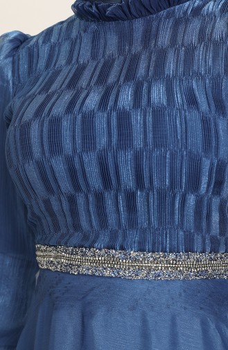Beli Taşlı Pliseli Abiye 4950-03 İndigo
