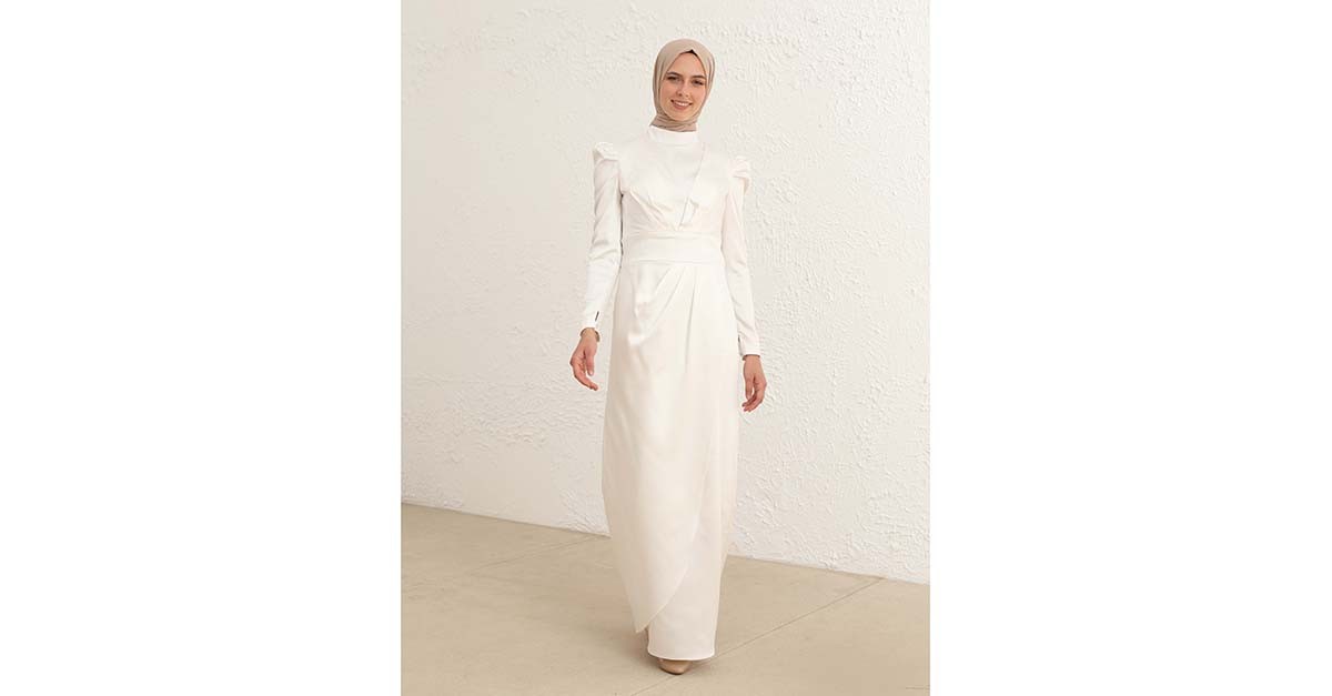 Ecru Hijab Evening Dress 3415-04