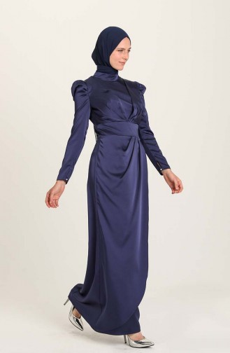 Navy Blue Hijab Evening Dress 3415-07