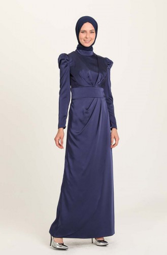 Navy Blue Hijab Evening Dress 3415-07