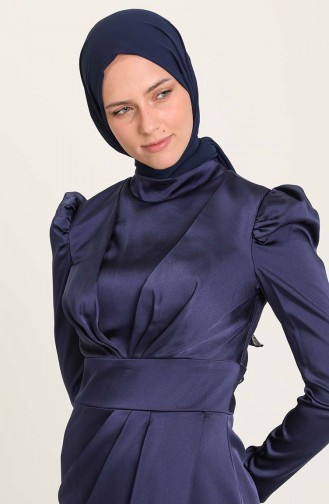 Navy Blue Hijab Evening Dress 3415-07