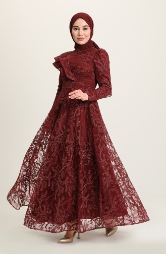 Claret Red Hijab Evening Dress 3418-02