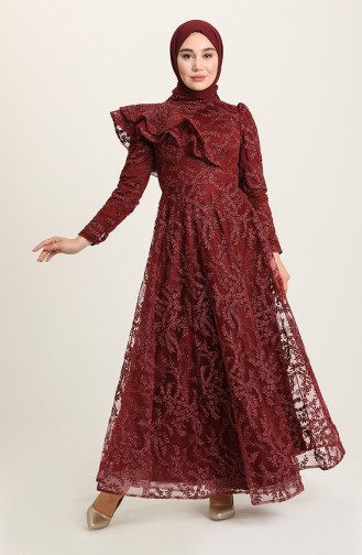 Claret Red Hijab Evening Dress 3418-02