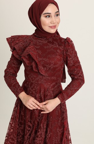 Claret Red Hijab Evening Dress 3418-02