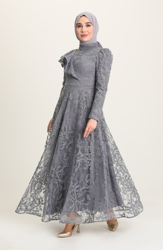 Gray Hijab Evening Dress 3418-03