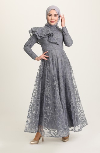 Gray Hijab Evening Dress 3418-03