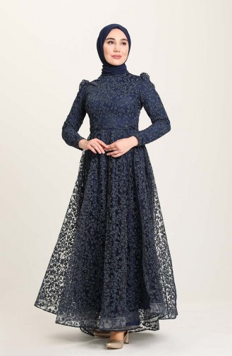 Navy Blue Hijab Evening Dress 4933-03