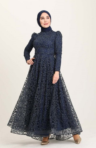 Navy Blue Hijab Evening Dress 4933-03