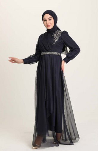 Navy Blue Hijab Evening Dress 4940-03