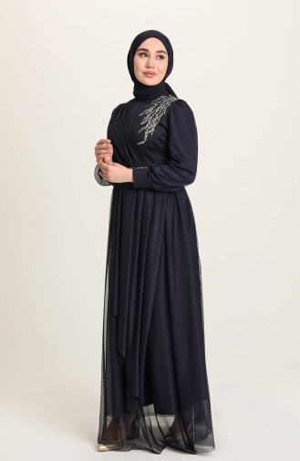 Navy Blue Hijab Evening Dress 4940-03