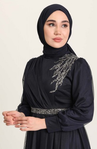 Navy Blue Hijab Evening Dress 4940-03