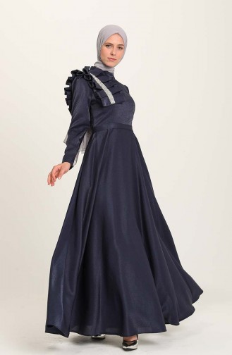 Navy Blue Hijab Evening Dress 4942-03