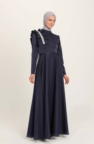Navy Blue Hijab Evening Dress 4942-03