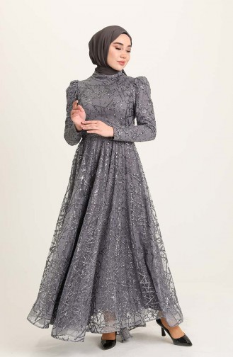 Gray Hijab Evening Dress 4945-03