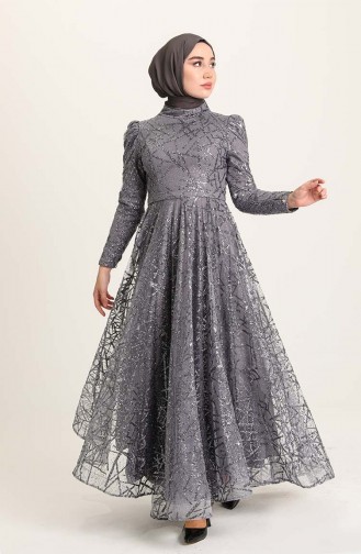 Gray Hijab Evening Dress 4945-03