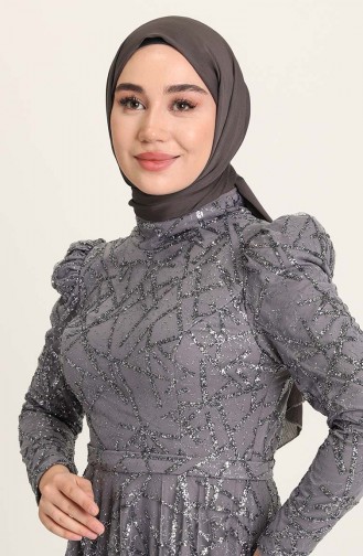 Gray Hijab Evening Dress 4945-03