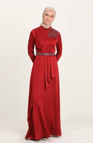 Claret Red Hijab Evening Dress 4947-01