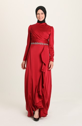 Claret Red Hijab Evening Dress 4948-04