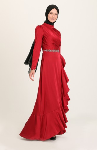 Claret Red Hijab Evening Dress 4948-04