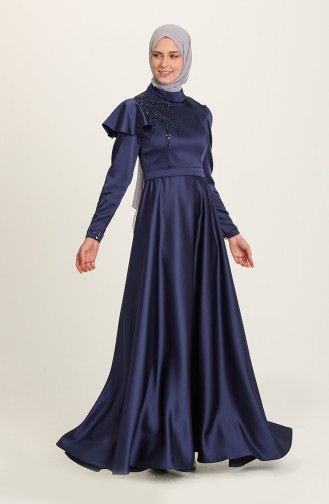 Navy Blue Hijab Evening Dress 4953-02