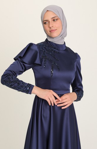 Navy Blue Hijab Evening Dress 4953-02