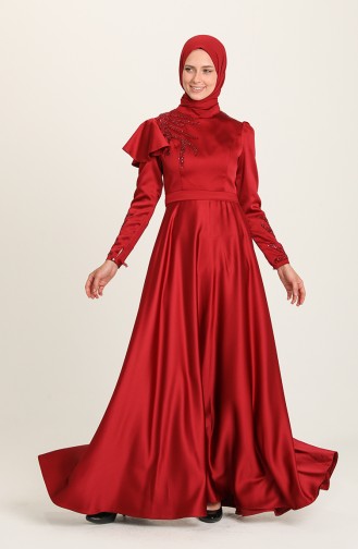 Claret Red Hijab Evening Dress 4953-08