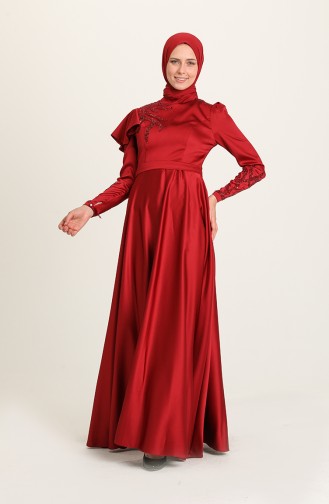 Claret Red Hijab Evening Dress 4953-08