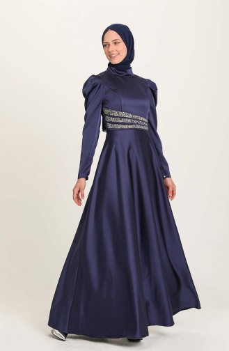 Navy Blue Hijab Evening Dress 4954-02